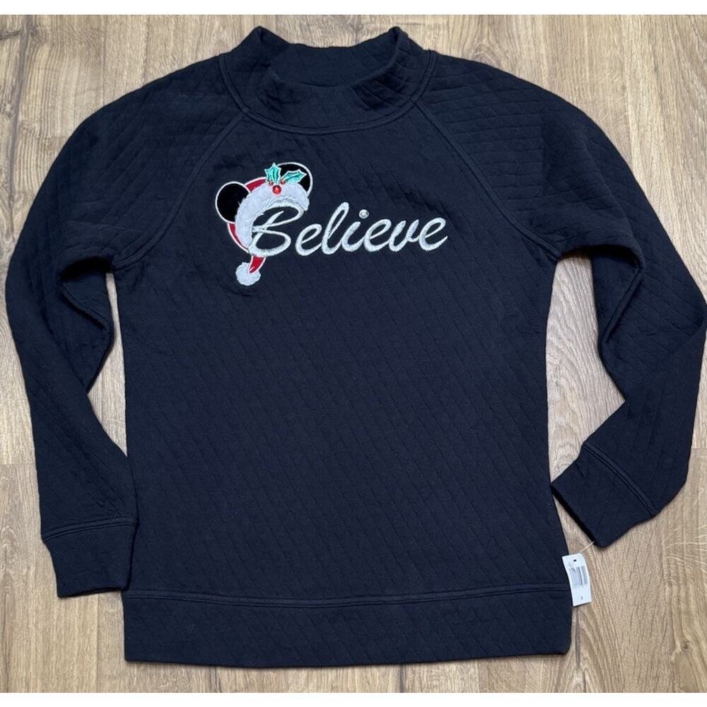Disney Parks SANTA MICKEY Believe Holiday Sweatshirt High Neck Small NEW
